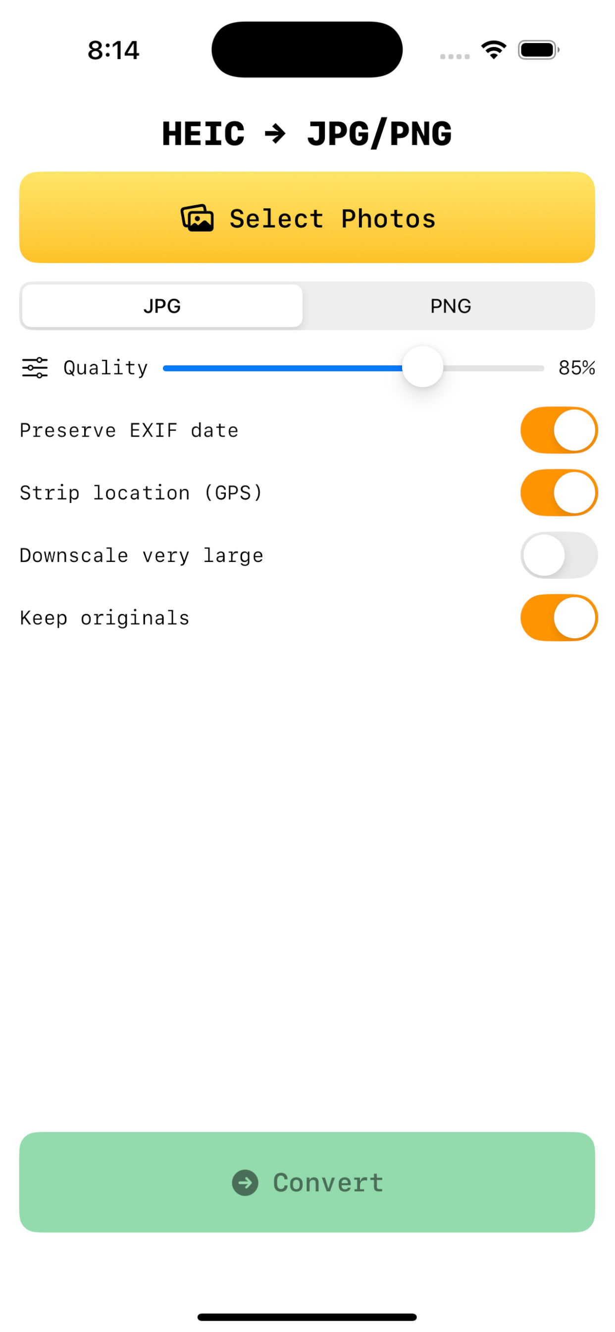 HEIC → JPG/PNG app preview